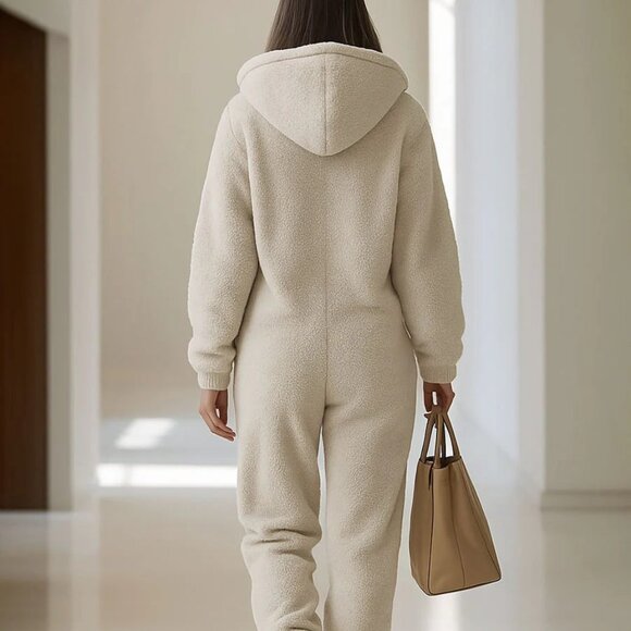 Ivory Casual Women's Long Sleeve Hooded Jumpsuit with Zipper and Pockets - Picture 3 of 3